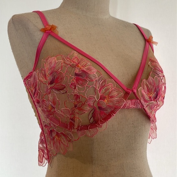 NWT FOR LOVE & LEMONS HIBISCUS EMBROIDERED MESH UNDERWIRE BRA IN PINK - Picture 2 of 7
